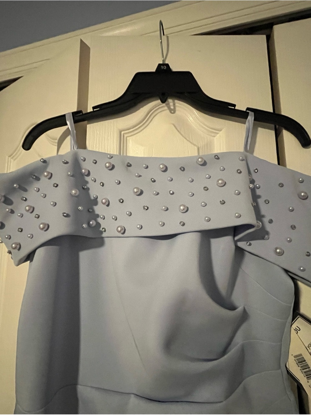 Eliza J Off-the-Shoulder Faux Pearl Embellished Gown - Light Lavender - Picture 7 of 9